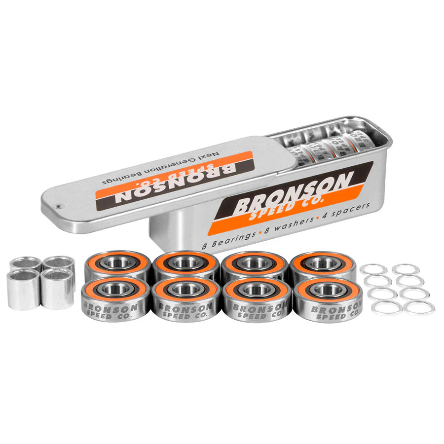 Bronson Speed Co. G3 skateboard bearings with orange shields, spacers, and washers, displayed in a silver tin.