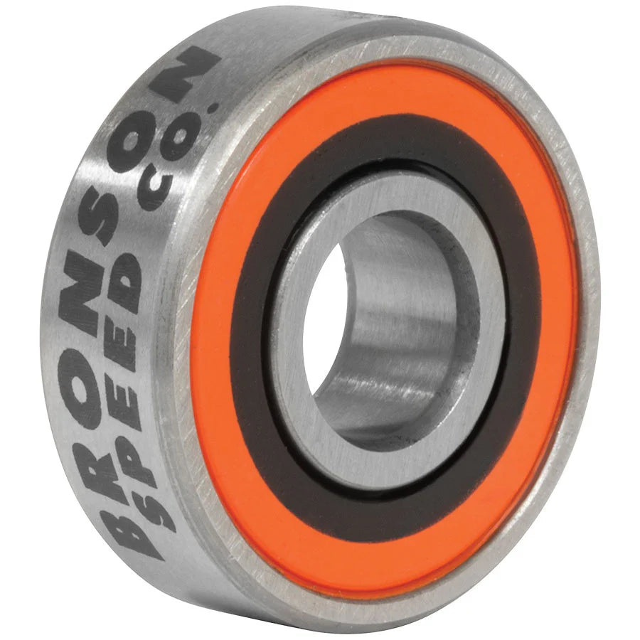 Bronson Speed Co. G3 skateboard bearing with a silver metal casing and orange frictionless shield.