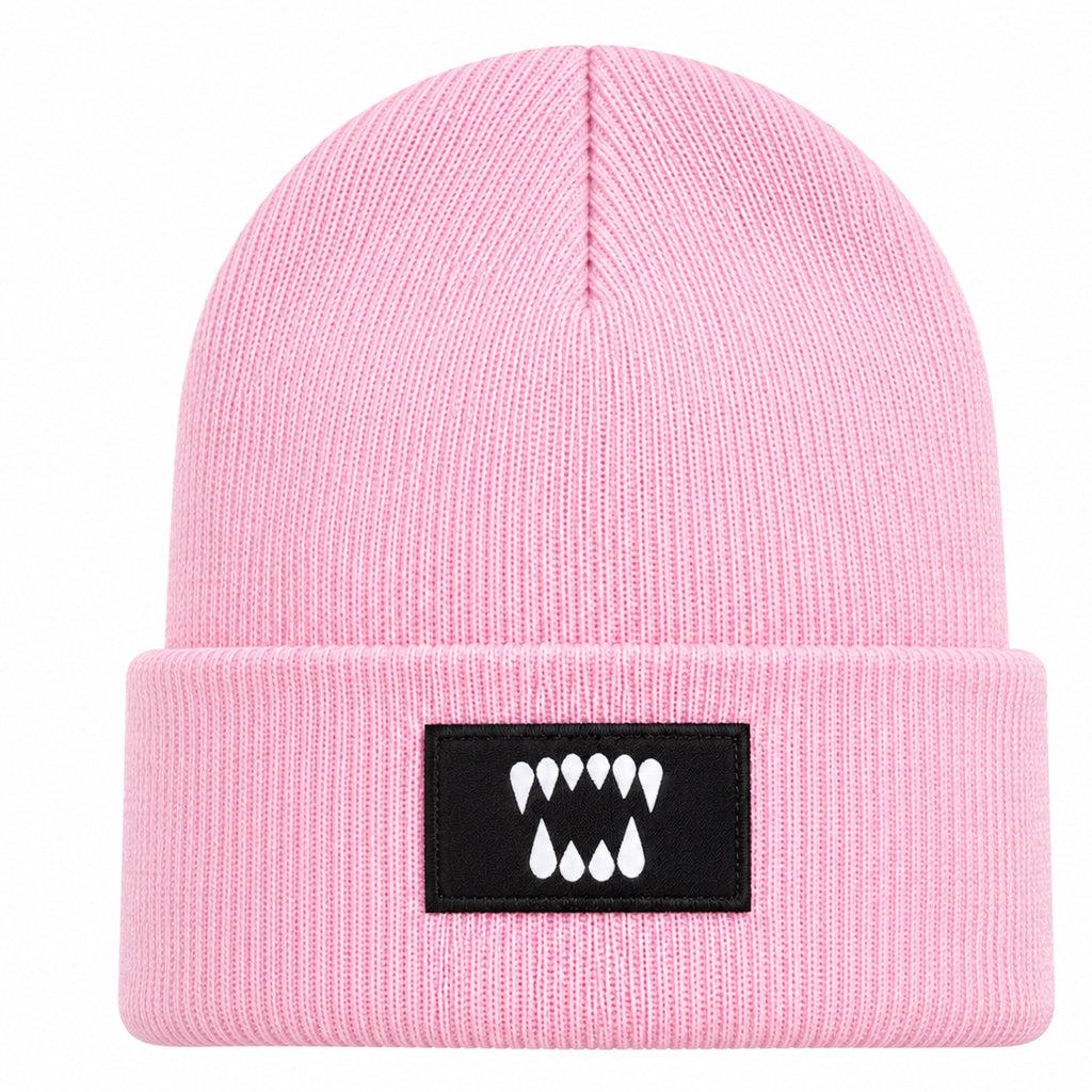 Pink cuffed knit beanie with embroidered Dawn Fang logo patch by Blak Bear Surf Club.