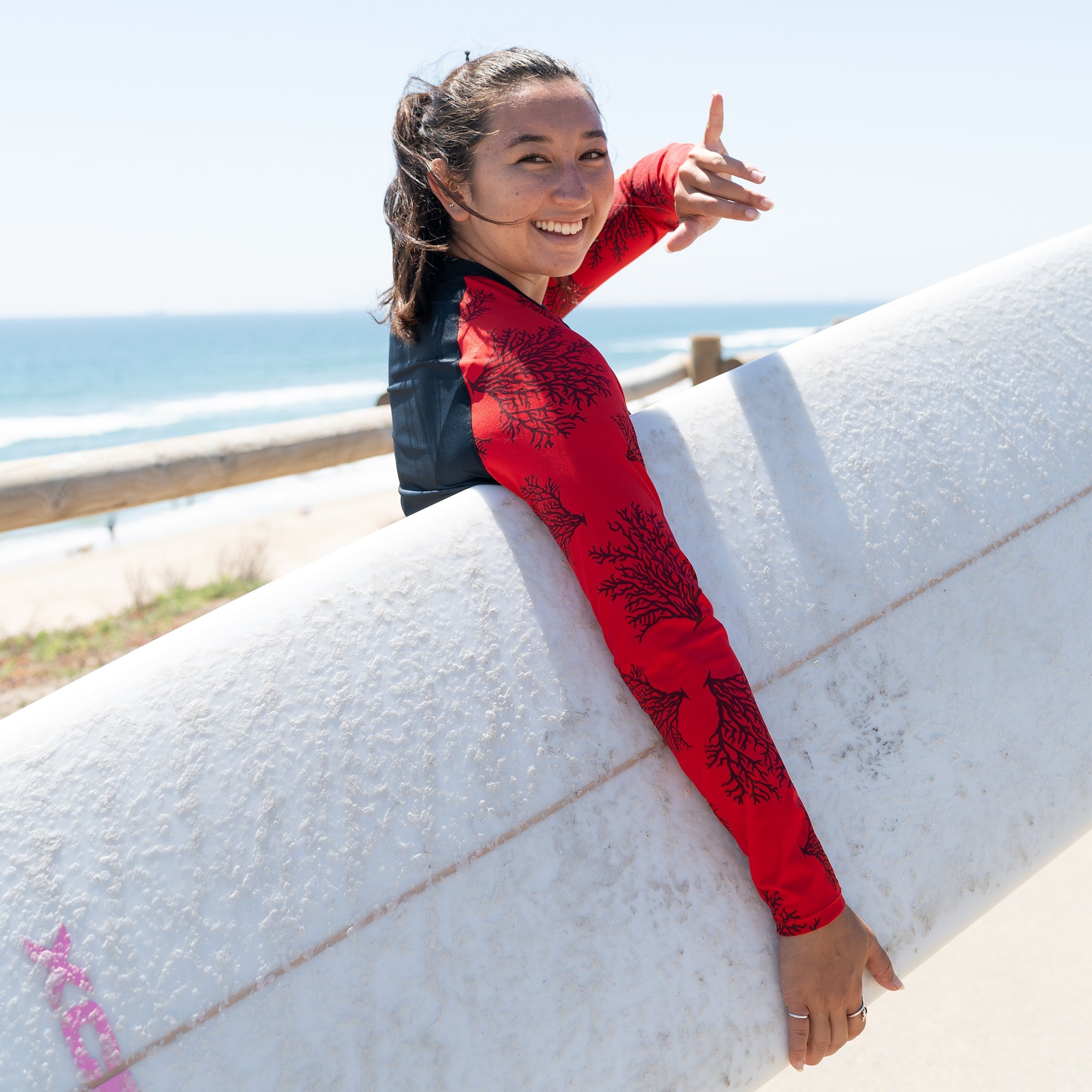 Sally Cohen in the red coral ventX long sleeve top