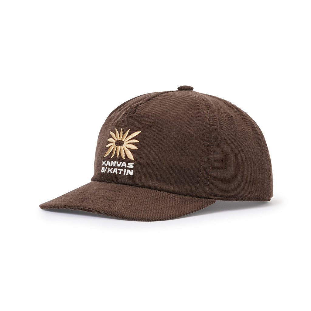 Brown corduroy Katin Anemone Hat with embroidered gold flower and "KANVAS BY KATIN" text.