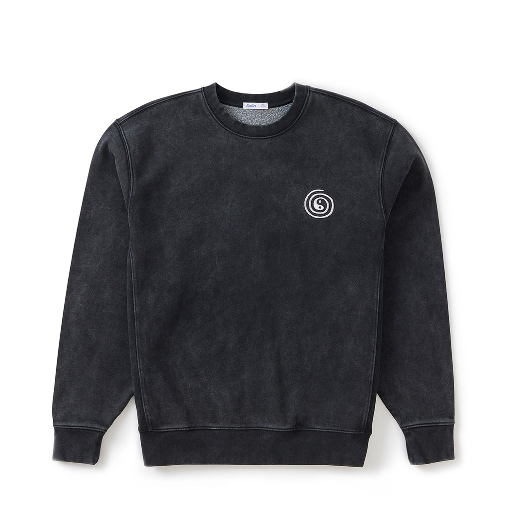 Katin Swirl Embroidered Crew in black sand wash with a white swirl logo on the left chest.