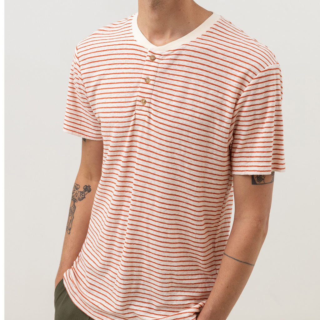 Rhythm Mens Linen Vintage Stripe S/S T Shirt - Spice