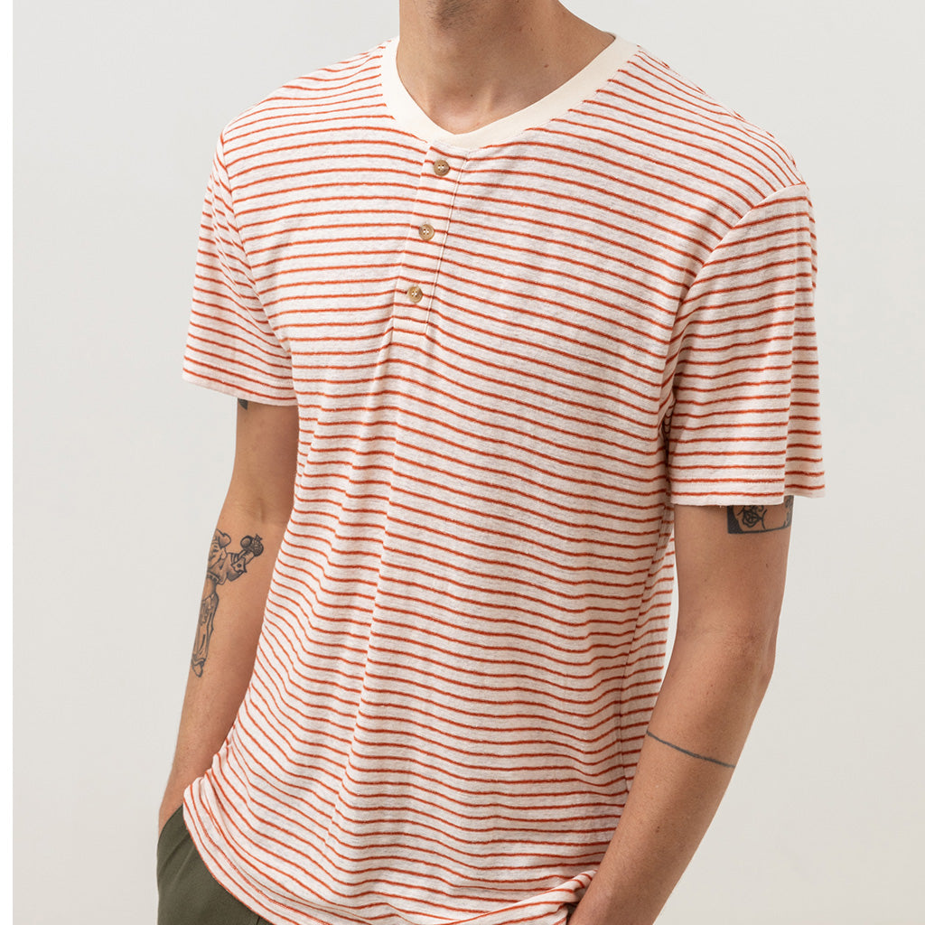 Rhythm Mens Linen Vintage Stripe S/S  T Shirt - Spice - Seaside Surf Shop 