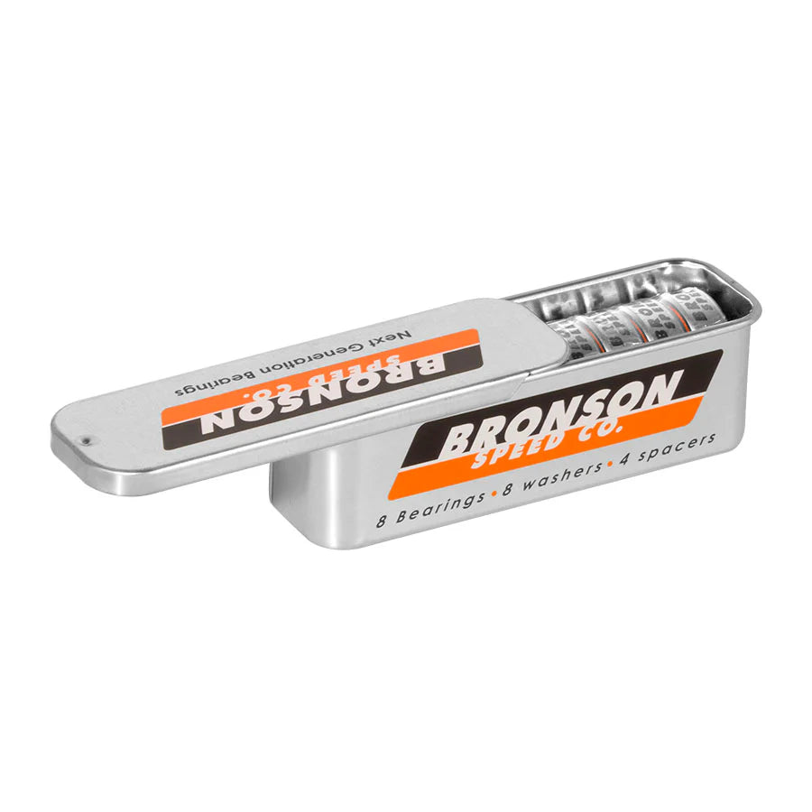 Bronson Speed Co. G3 skateboard bearings in a silver tin with orange and black branding.