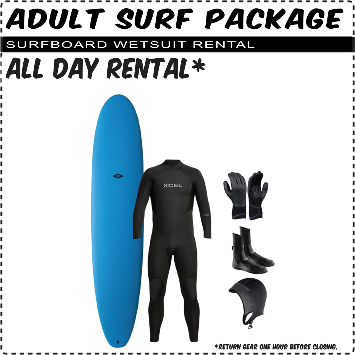 Adult Full Surf Rental Package - Complete Surfboard &amp; Wetsuit Kit