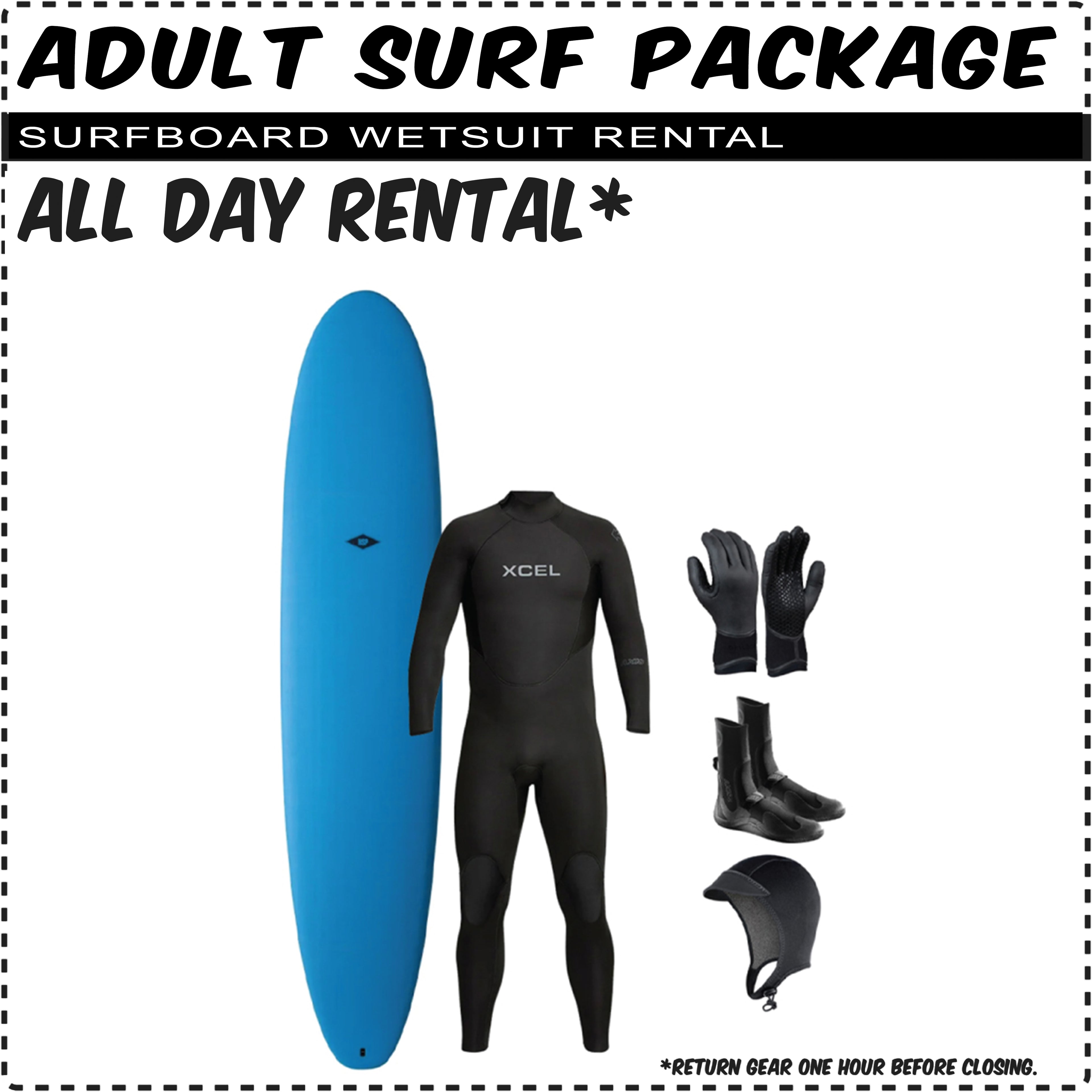 Adult Full Surf Rental Package - Complete Surfboard &amp; Wetsuit Kit