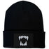Black cuffed knit beanie with embroidered Dawn Fang logo patch by Blak Bear Surf Club.
