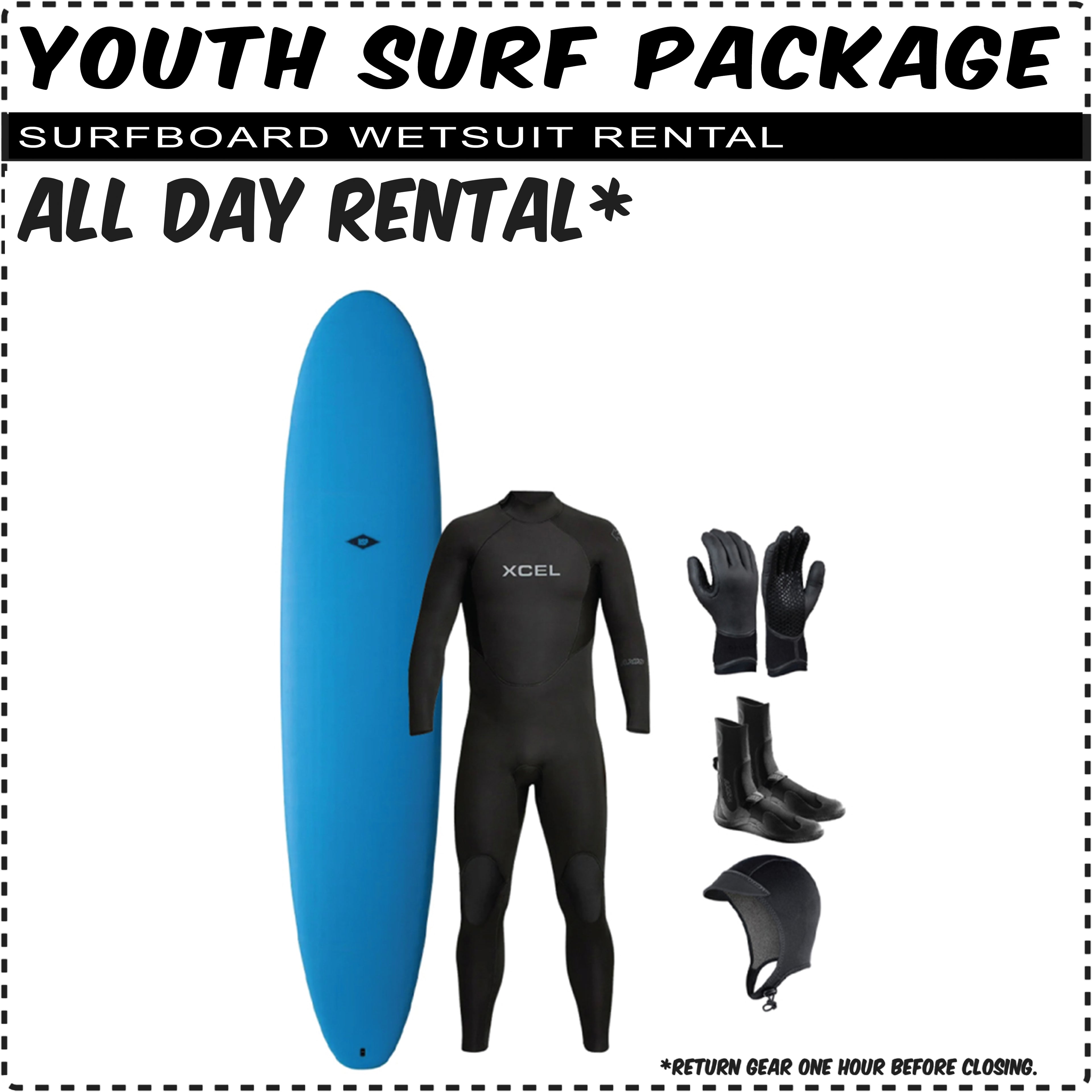 Youth Full Surf Rental Package - Complete Surfboard &amp; Wetsuit Kit