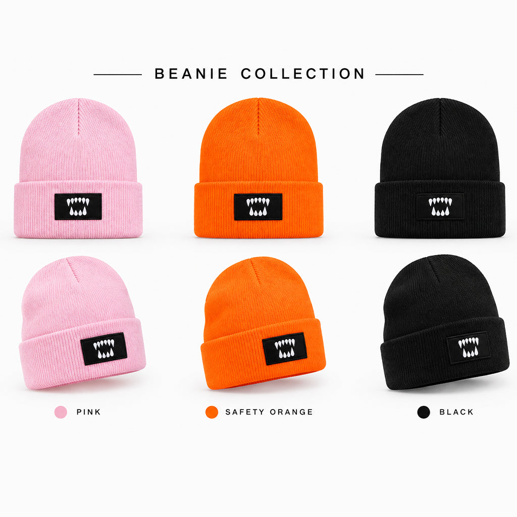 Fang Dawn Beanies from Blak Bear showing 3 colors of Pink, Black, and Orange