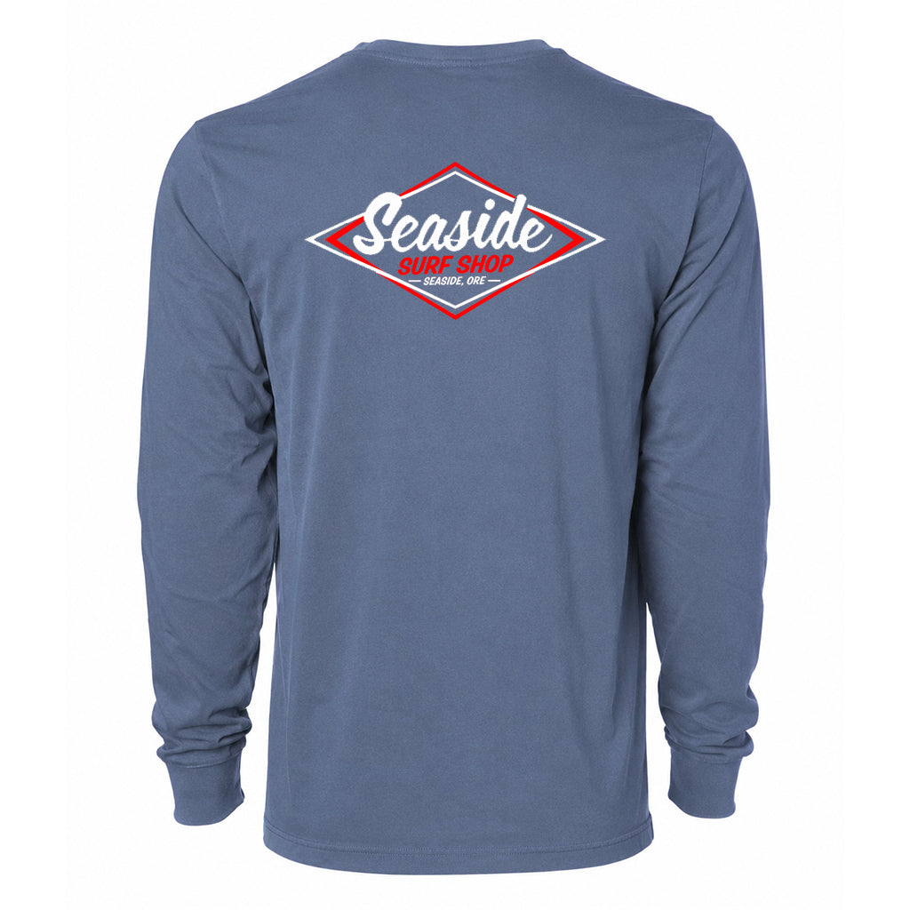 Seaside Surf Shop Mens Vintage Logo Garment Dyed L/S Tee - Indigo