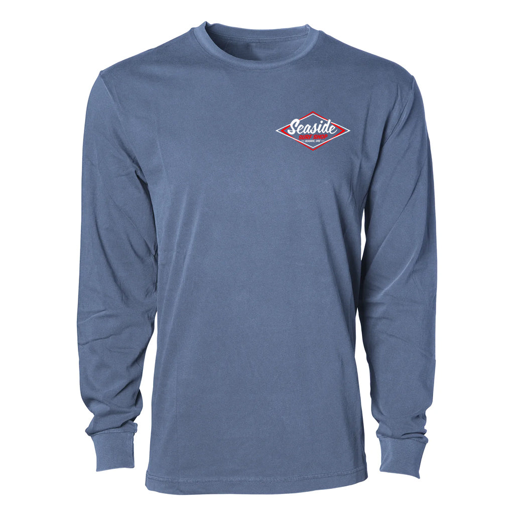 Seaside Surf Shop Mens Vintage Logo Garment Dyed L/S Tee - Indigo