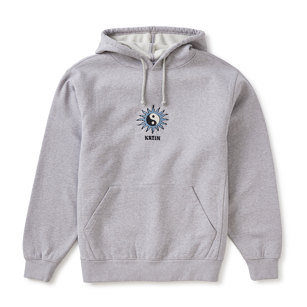 Katin Orb Embroidered Hoodie in heather grey with a central yin-yang sun graphic and front pocket.