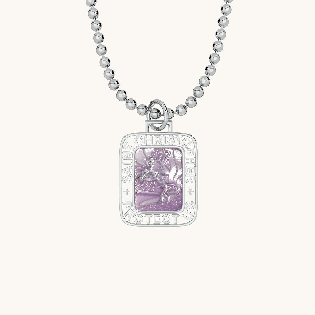 Saint Christopher Rectangular Medal - Lavender/White