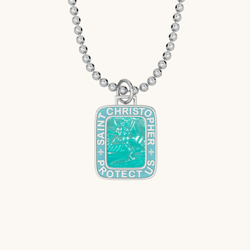 Saint Christopher Rectangular Medal - Teal/Baby Blue