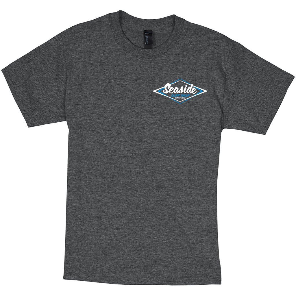 Seaside Surf Shop Mens Vintage Logo Tee - Charcoal Heather/White Blue