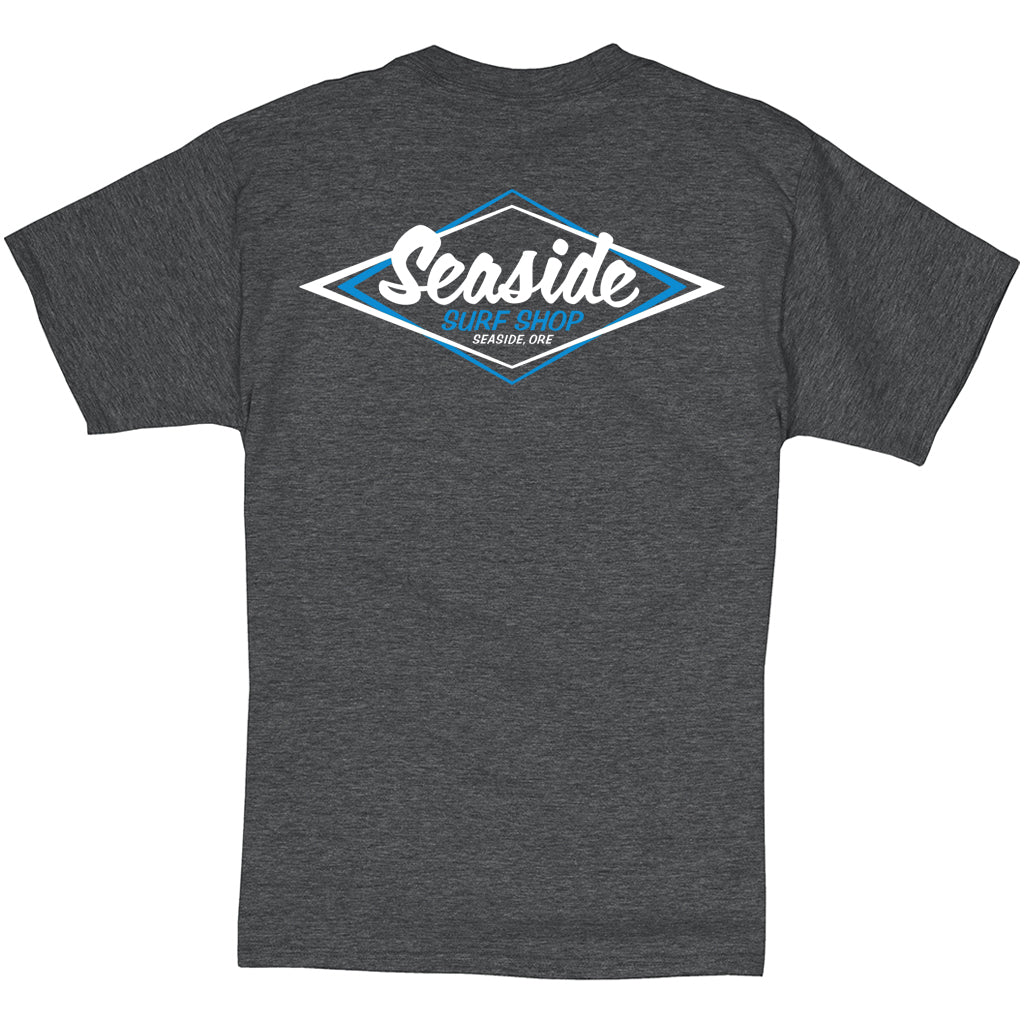Seaside Surf Shop Mens Vintage Logo Tee - Charcoal Heather/White Blue