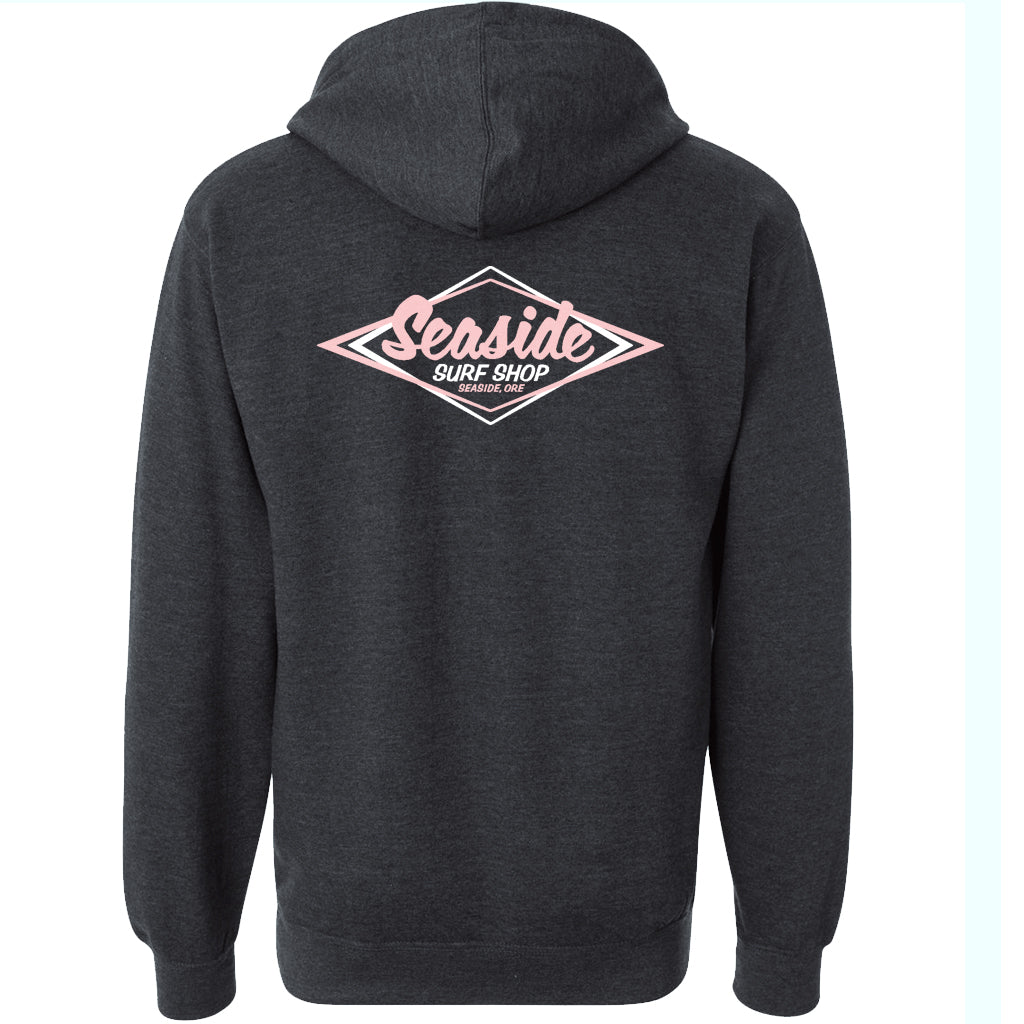 Seaside Surf Shop Womens Midweight Pullover - Charcoal Heather/Pink Logo