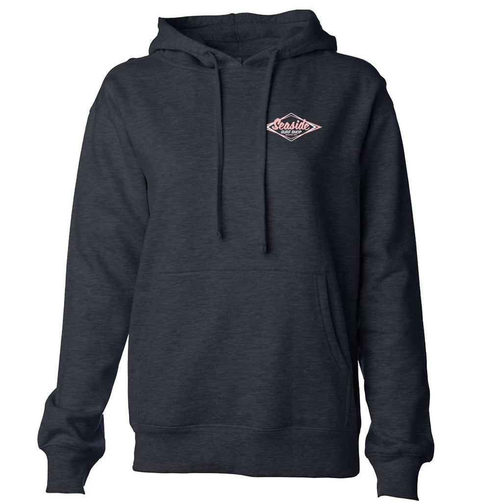 Seaside Surf Shop Womens Midweight Pullover - Charcoal Heather/Pink Logo - Seaside Surf Shop 