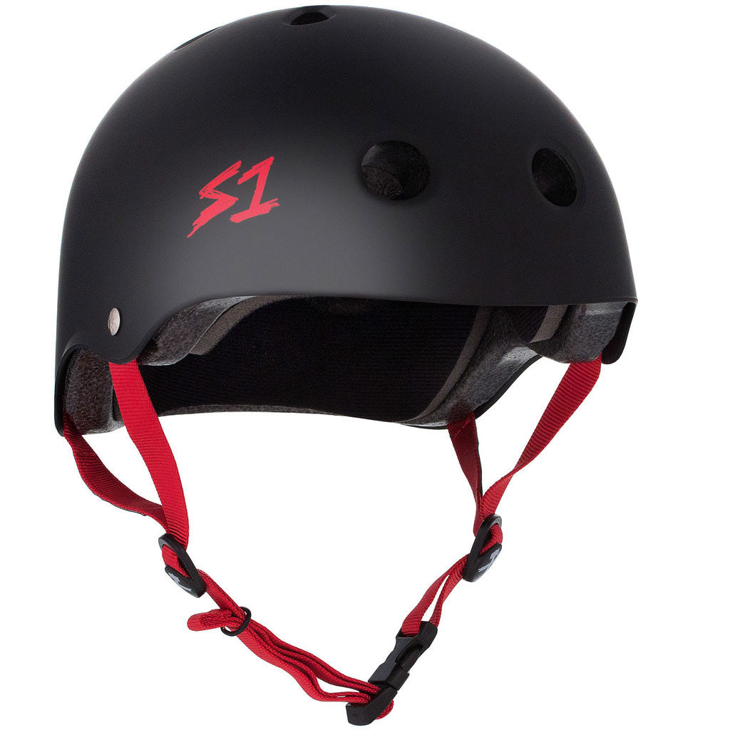 S1 Lifer Skate Helmet Black Matte Red Straps - Medium (21.5&quot;) - Seaside Surf Shop 