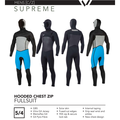 Volte Supreme Mens 5/4 Chest-Zip Hooded Wetsuit - Black - Seaside Surf Shop 