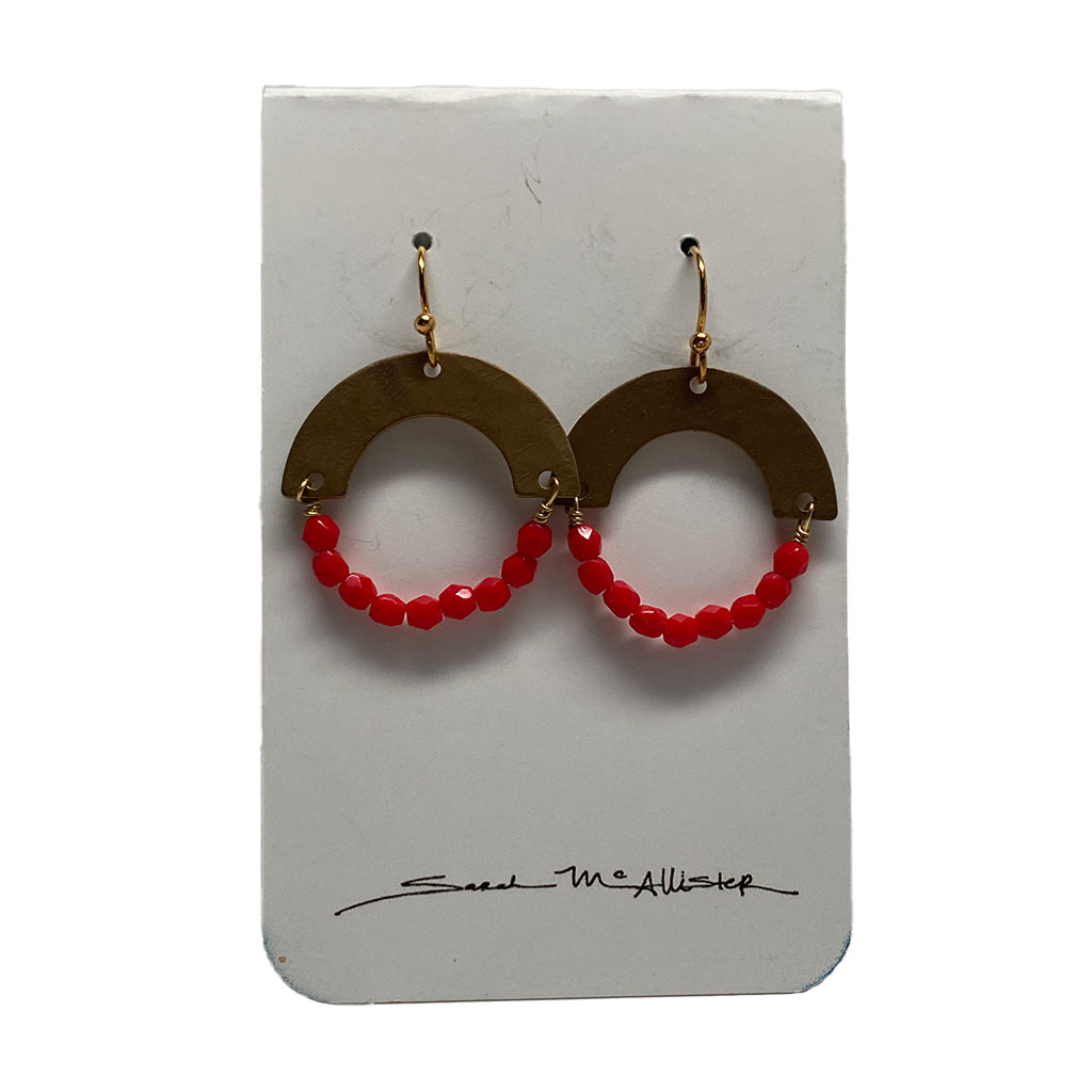 Sarah McAllister Jewelry - Hand Hammered Small Brass Arches - Red Facet/Gold Plate